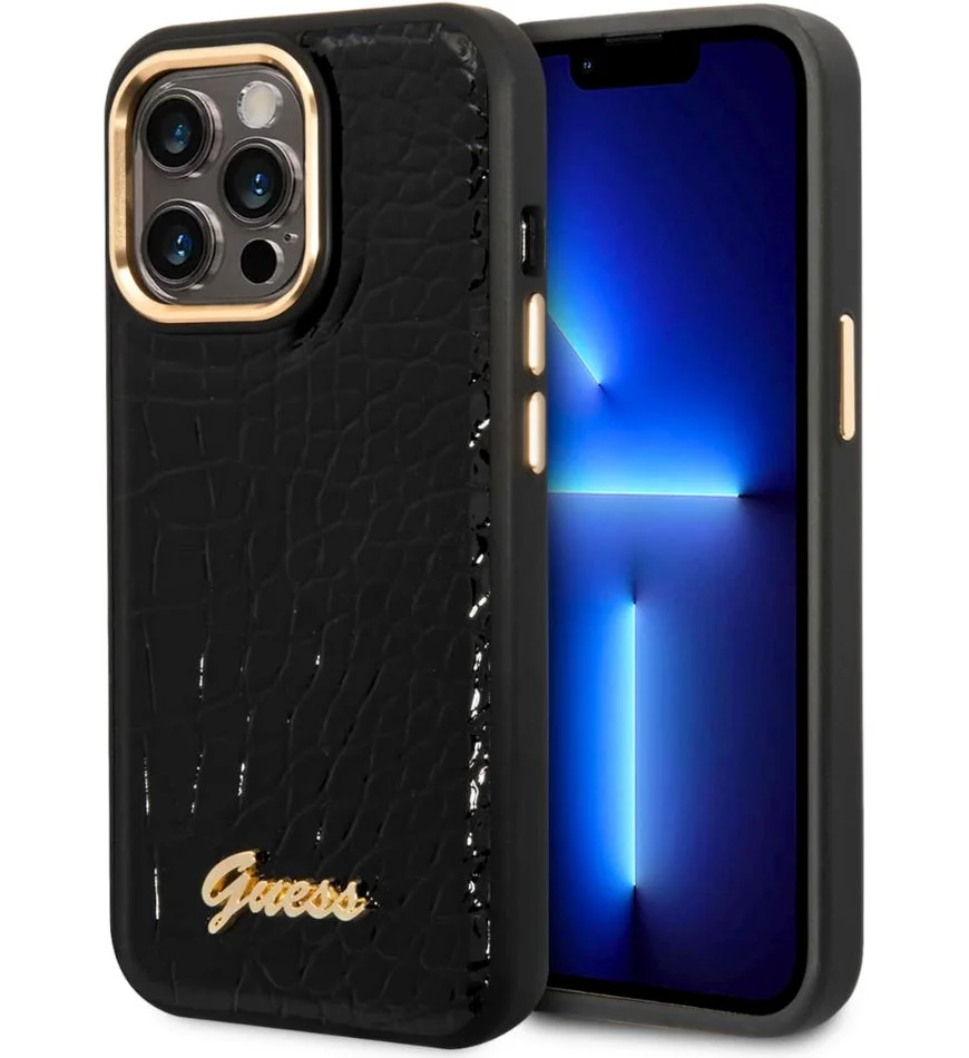Guess iPhone 14 Pro Max Hard Case Back Cover - Croco - Metal Buttons & Camera - Black